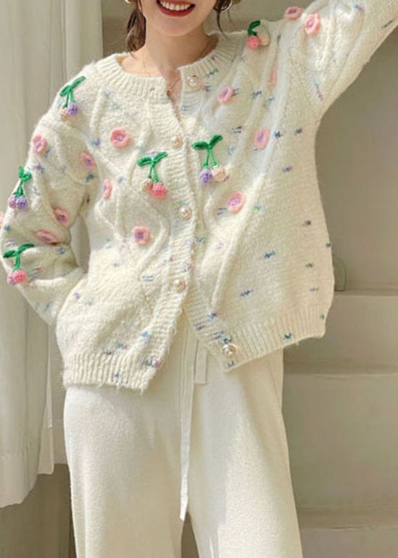 Mooie Witte Knoop Bloemen Gebreide Vesten Lente - Dames cardigans