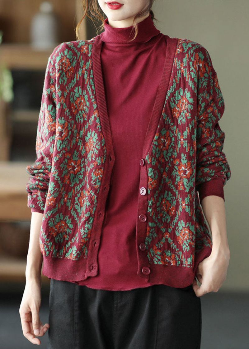 Mulberry Print Gebreid Los Vest V-hals Knoop Lente - Dames cardigans