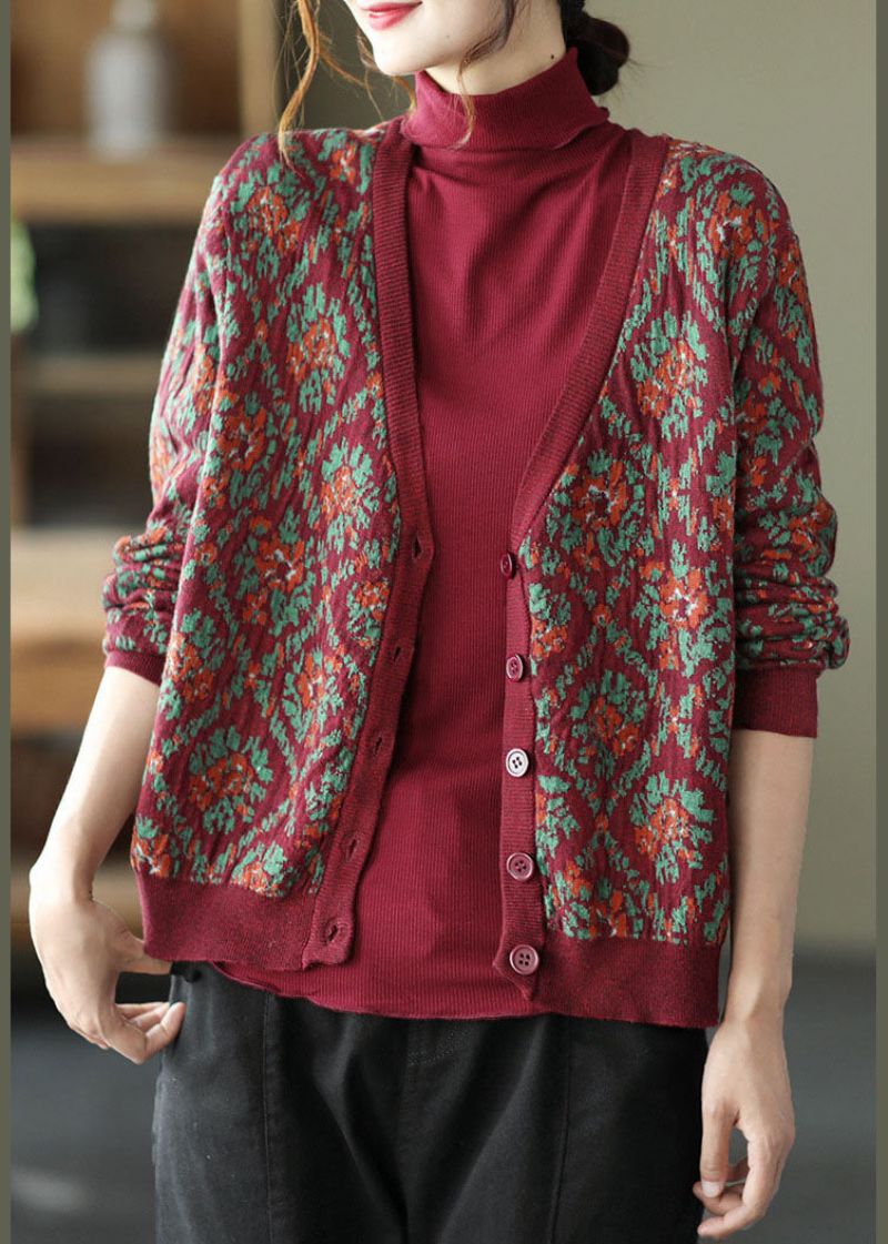 Mulberry Print Gebreid Los Vest V-hals Knoop Lente - Dames cardigans