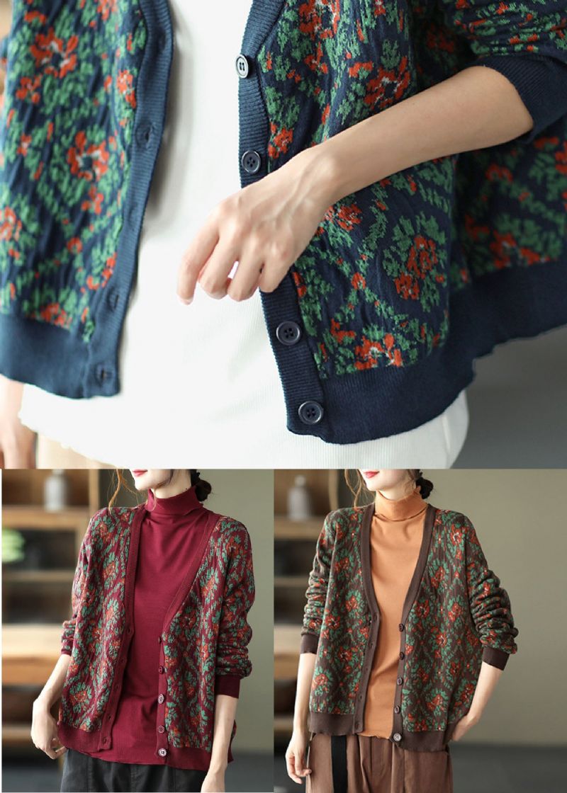 Mulberry Print Gebreid Los Vest V-hals Knoop Lente - Dames cardigans