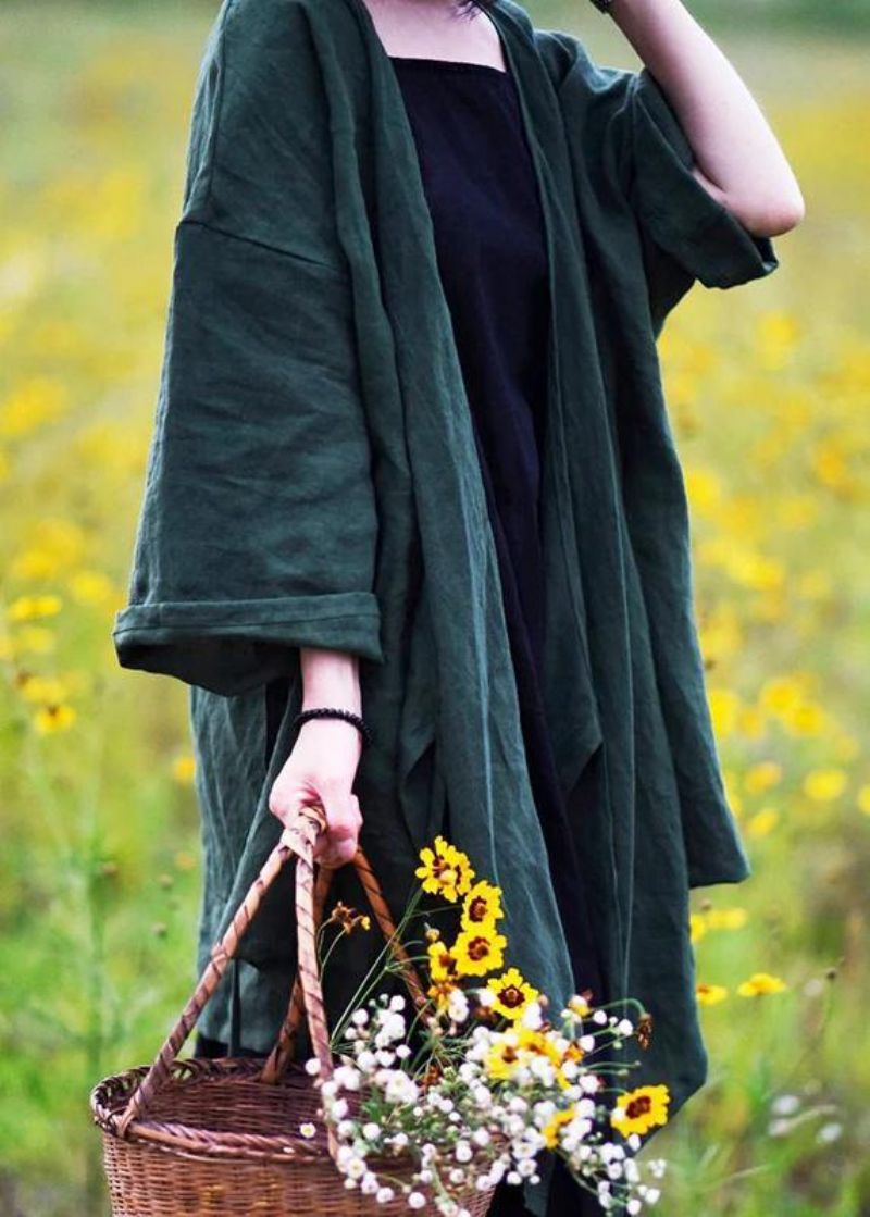 Natuurlijk Linnen Topsilhouet Plus Maat Casual Jas Met Pure Kleur Vetersluiting En Lange Mouwen - Zwartachtig Groen