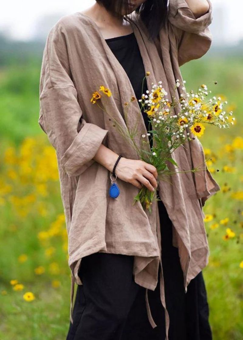 Natuurlijk Linnen Topsilhouet Plus Maat Casual Jas Met Pure Kleur Vetersluiting En Lange Mouwen - Zwartachtig Groen