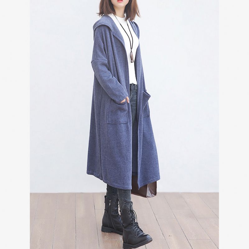 Nieuwe Blauwe Wollen Overjas Plus Size Kleding Grote Zakken Trenchcoat Met Capuchon Uitloper - Blauw