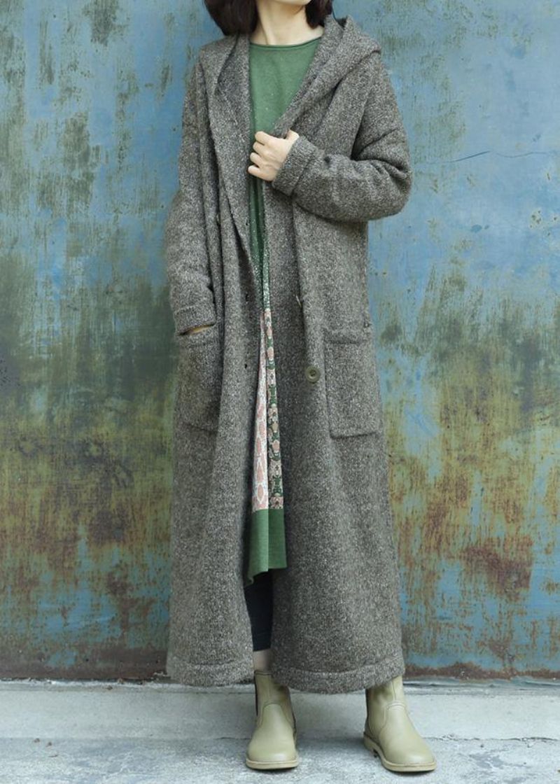 Nieuwe Legergroene Wollen Outwear Plussize Dubbele Borst Maxi Jas Met Capuchon - Dames cardigans