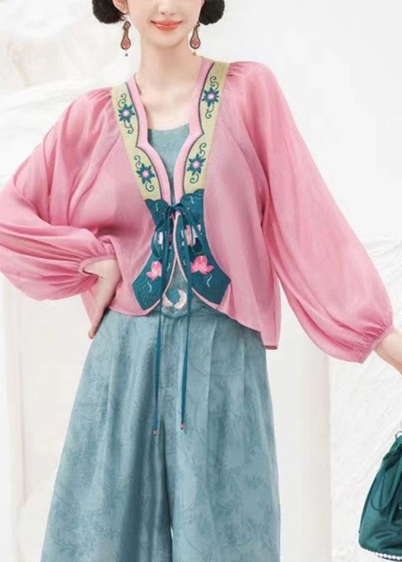 Origineel Ontwerp Roze Geborduurde Chiffon Vesten Met Lantaarnmouwen - Dames cardigans