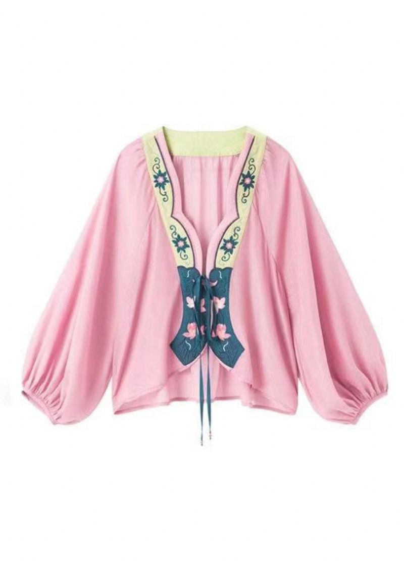 Origineel Ontwerp Roze Geborduurde Chiffon Vesten Met Lantaarnmouwen - Dames cardigans