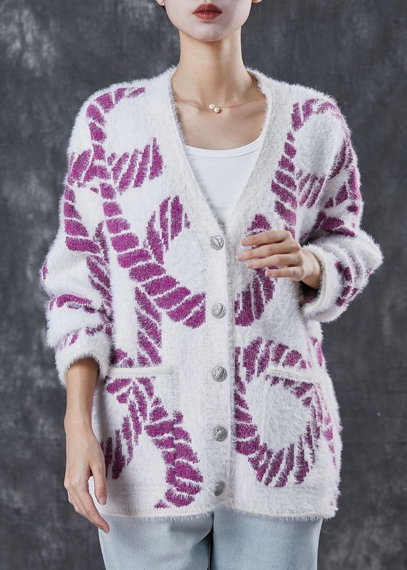 Paarse Print Gebreide Losse Jas V-hals Zakken Lente - Dames cardigans