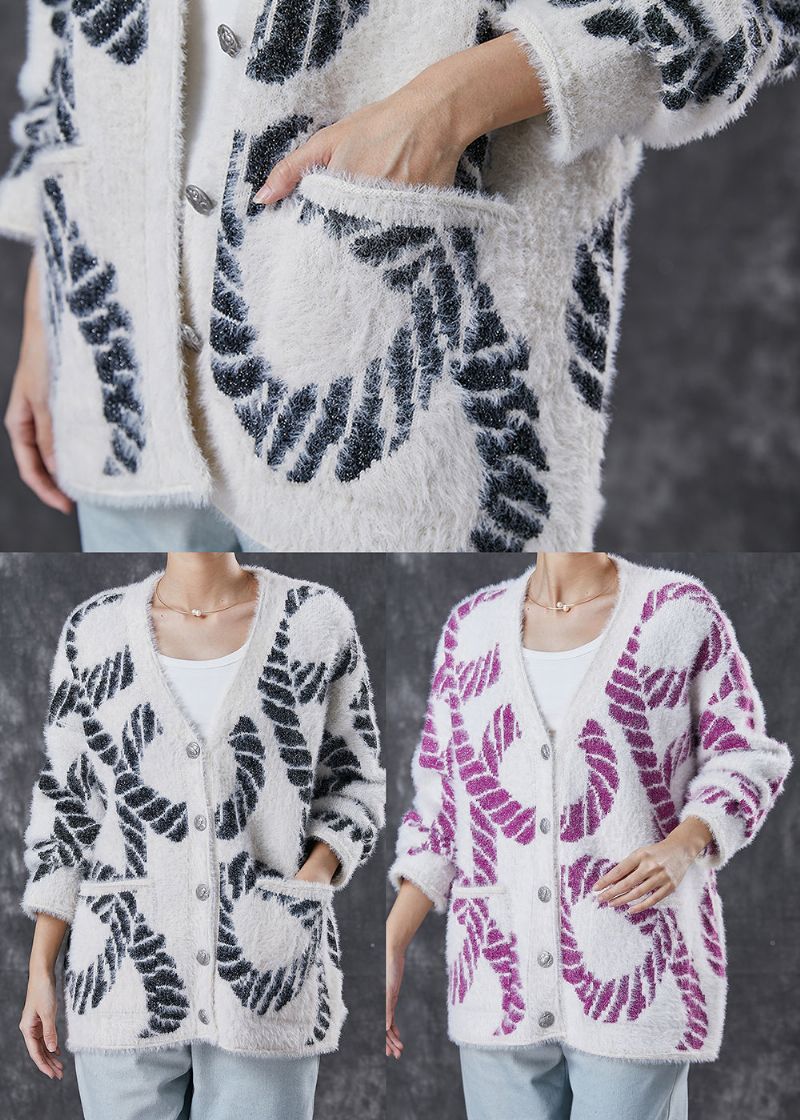 Paarse Print Gebreide Losse Jas V-hals Zakken Lente - Dames cardigans