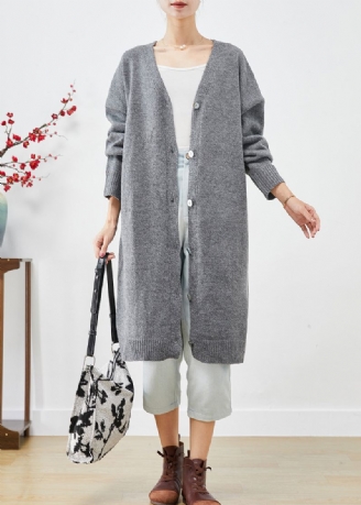 Plus-maat Antracietgrijs Oversized Gebreid Vest Met Knoopsluiting Herfst