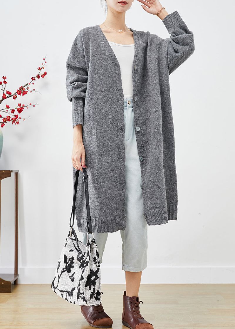 Plus-maat Antracietgrijs Oversized Gebreid Vest Met Knoopsluiting Herfst - Dames cardigans