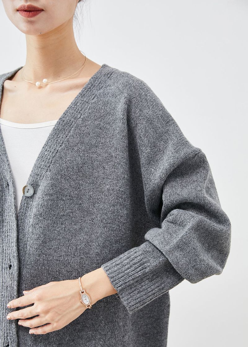 Plus-maat Antracietgrijs Oversized Gebreid Vest Met Knoopsluiting Herfst - Dames cardigans