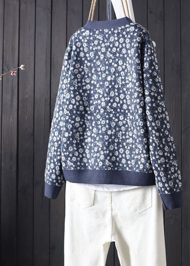 Plus Maat Blauwe V-hals Print Knoop Gebreide Vesten Lente - Dames cardigans