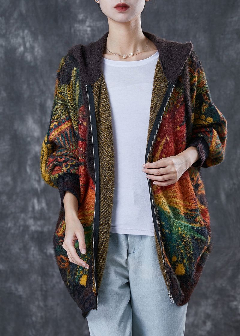 Plus Maat Chocolade Tie-dye Gebreid Jack Met Capuchon Winter - Dames cardigans