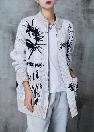 Plus Maat Grijze Oversized Gebreide Vesten Met Print Winter