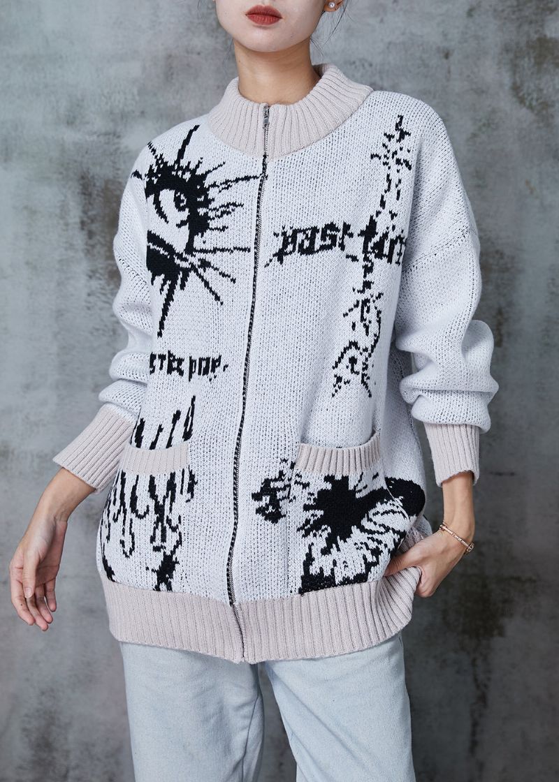 Plus Maat Grijze Oversized Gebreide Vesten Met Print Winter - Dames cardigans