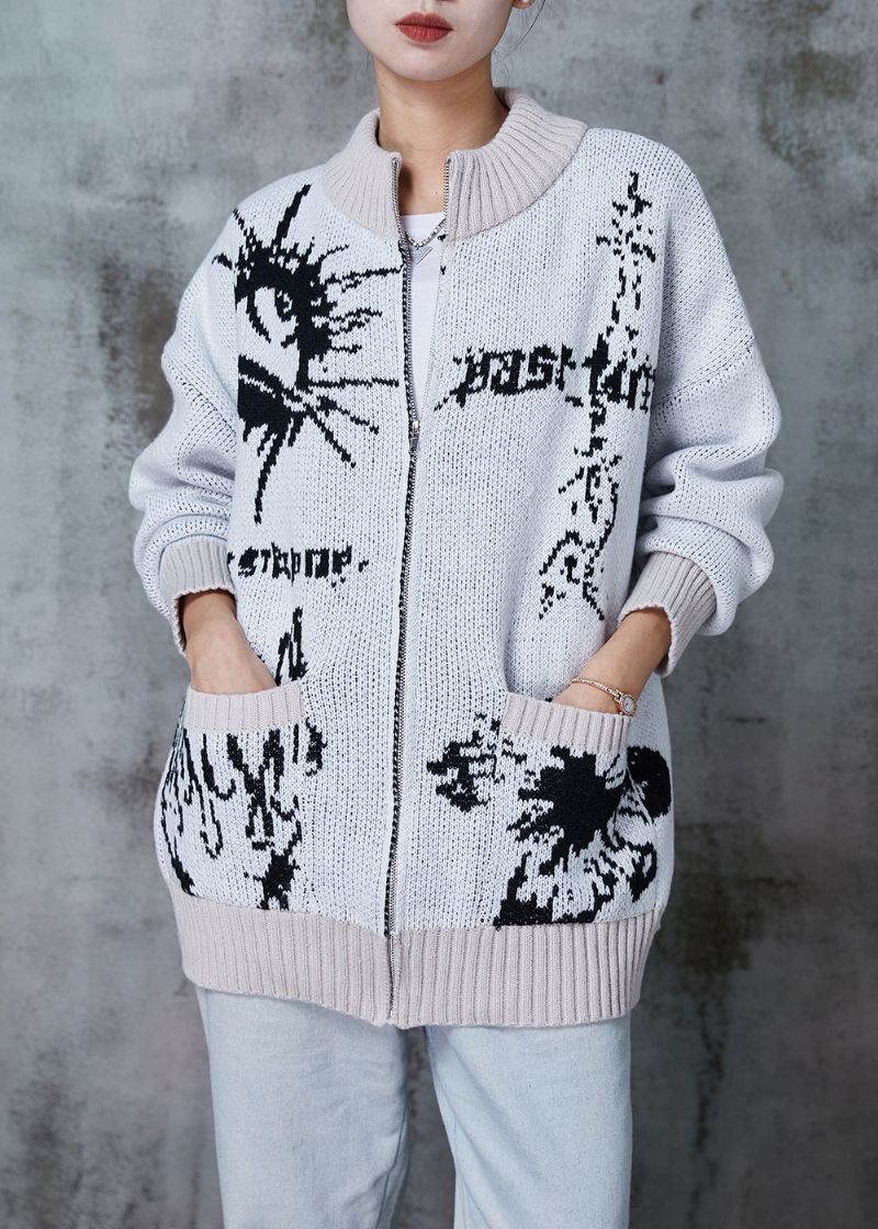 Plus Maat Grijze Oversized Gebreide Vesten Met Print Winter - Dames cardigans