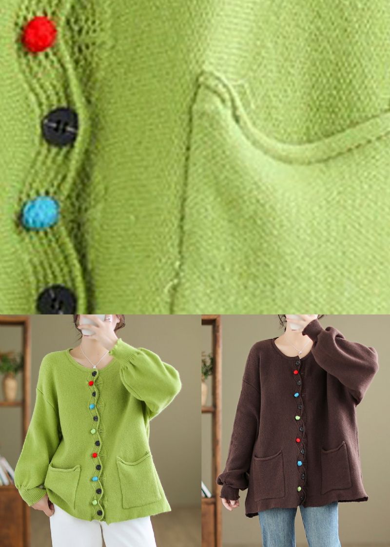 Plus Maat Groene Knoopzakken Gebreide Jas Met Lange Mouwen - Dames cardigans