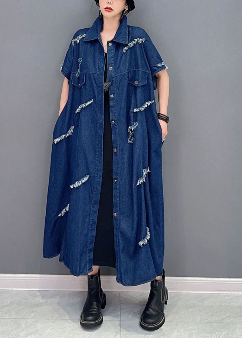 Plus Maat Marineblauwe Oversized Katoenen Gescheurde Denimjas Uitloper Met Korte Mouw