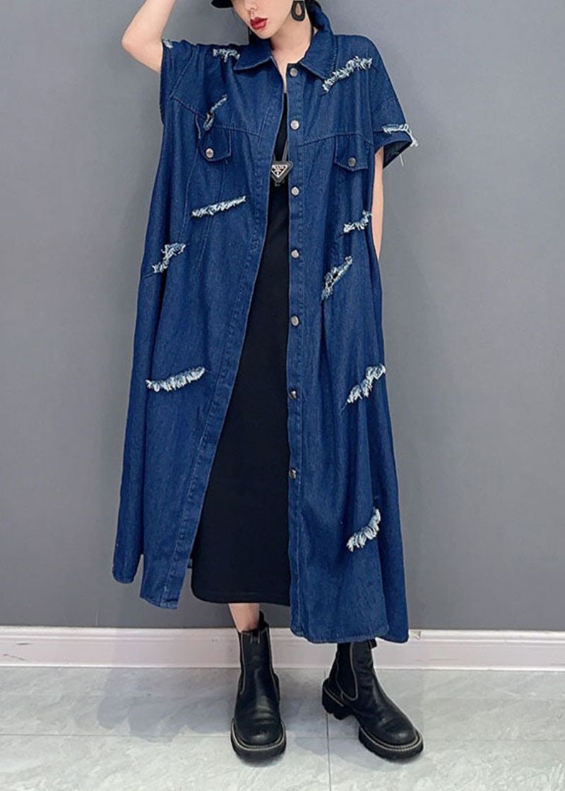 Plus Maat Marineblauwe Oversized Katoenen Gescheurde Denimjas Uitloper Met Korte Mouw - Dames cardigans