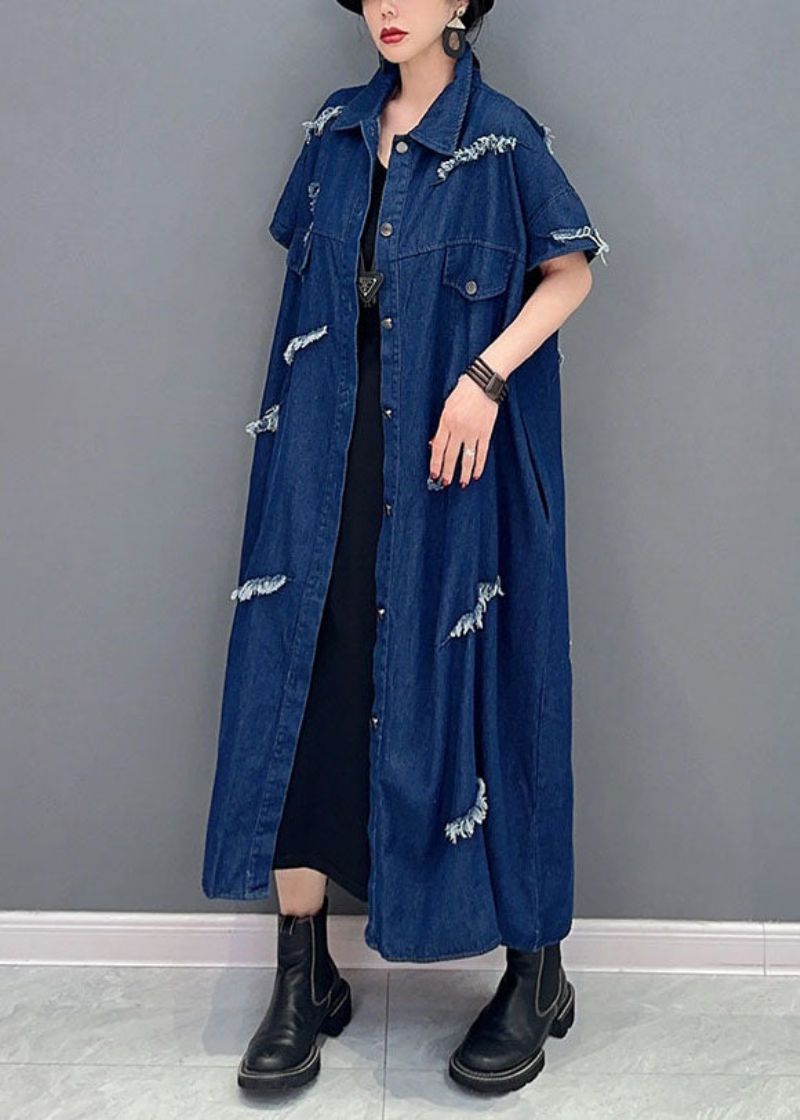 Plus Maat Marineblauwe Oversized Katoenen Gescheurde Denimjas Uitloper Met Korte Mouw - Dames cardigans