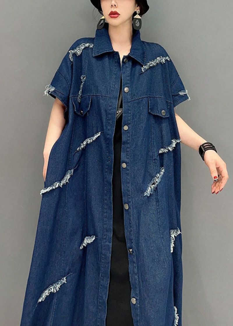 Plus Maat Marineblauwe Oversized Katoenen Gescheurde Denimjas Uitloper Met Korte Mouw - Dames cardigans