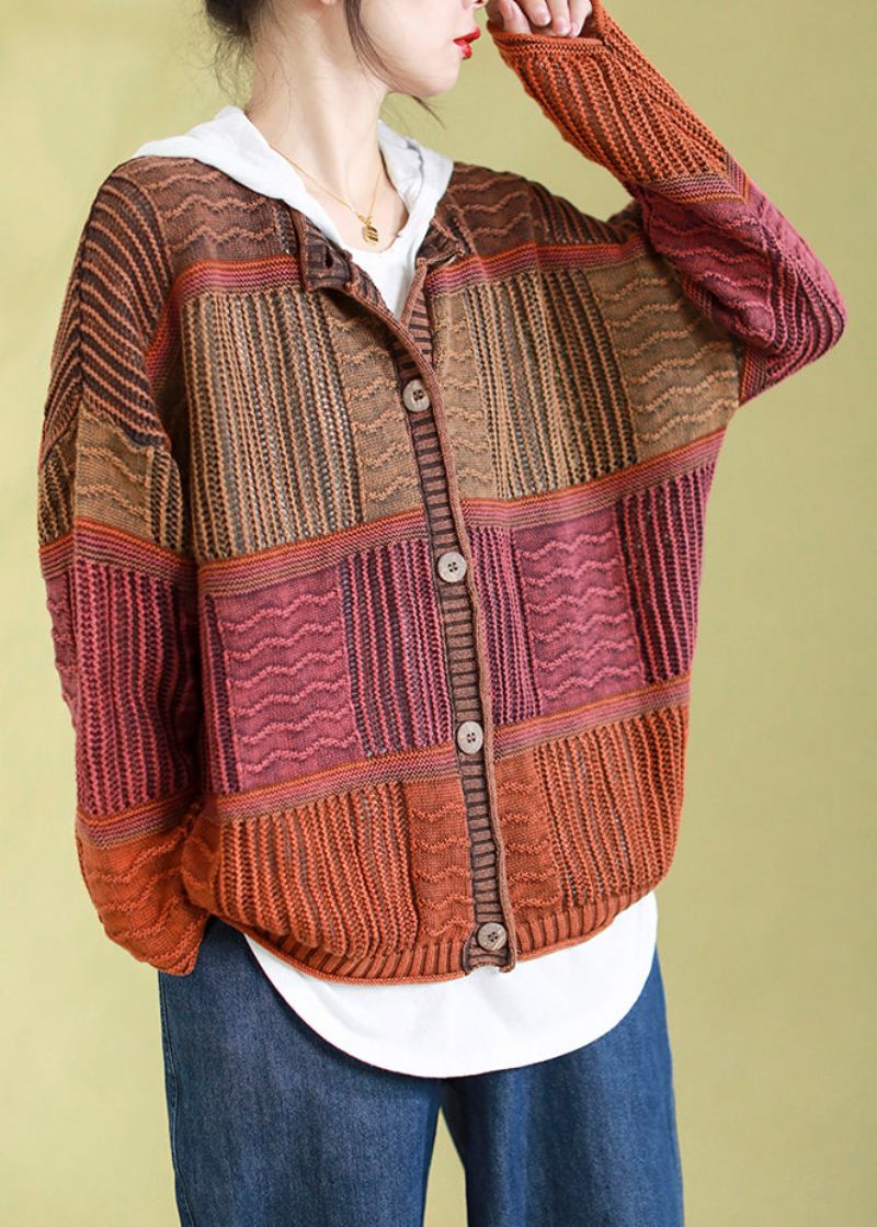 Plus Maat Oranje O-hals Knoop Patchwork Gebreide Vesten Lente - Dames cardigans