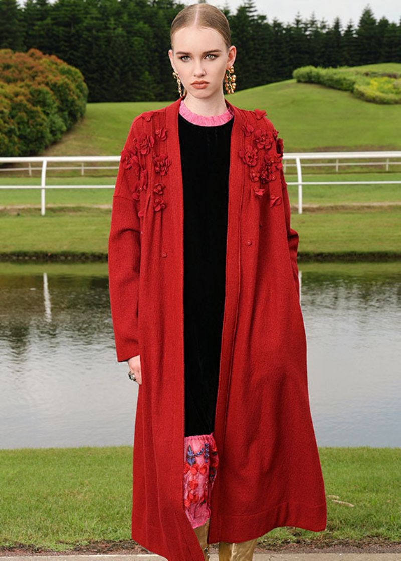 Plus Maat Rood Geborduurd Bloemenwollen Lang Vest Herfst - Dames cardigans