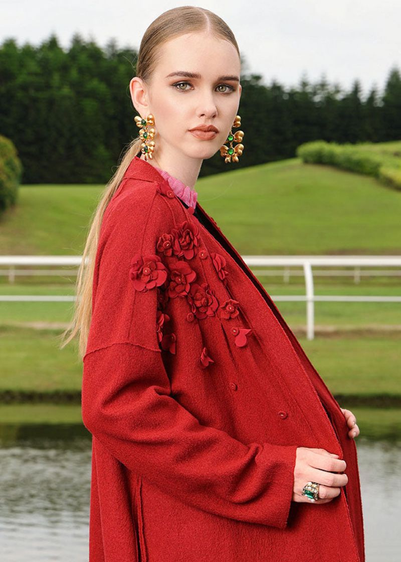 Plus Maat Rood Geborduurd Bloemenwollen Lang Vest Herfst - Dames cardigans