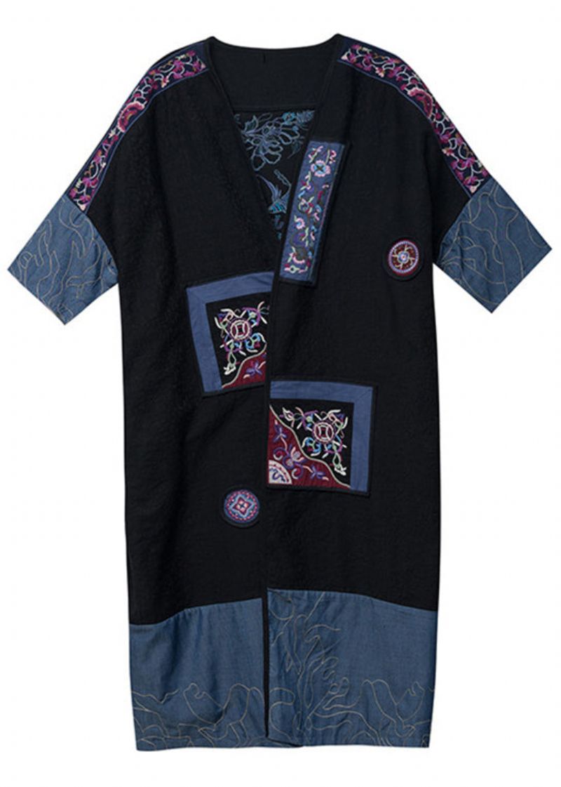 Plus Maat Zwart Geborduurd Denim Patchwork Lang Vest Herfst - Dames cardigans