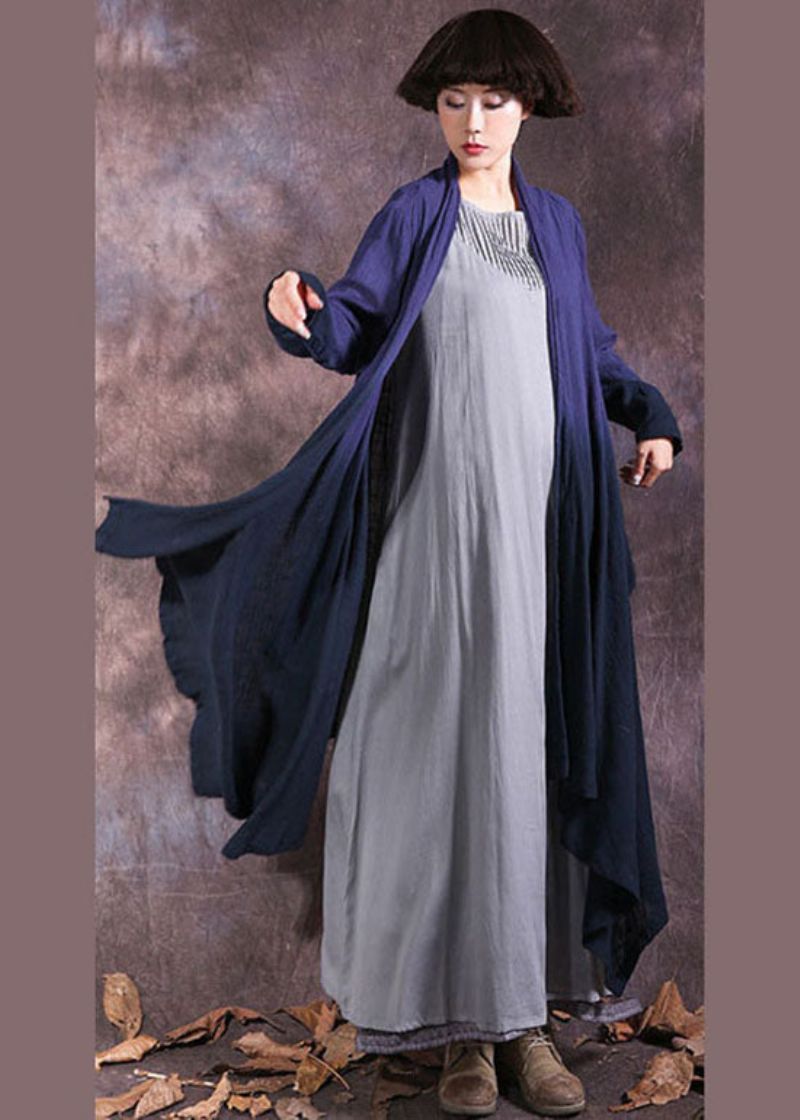 Plus Size Blauw Asymmetrisch Kleurverloop Katoen Lente Wikkeljas - Blauw