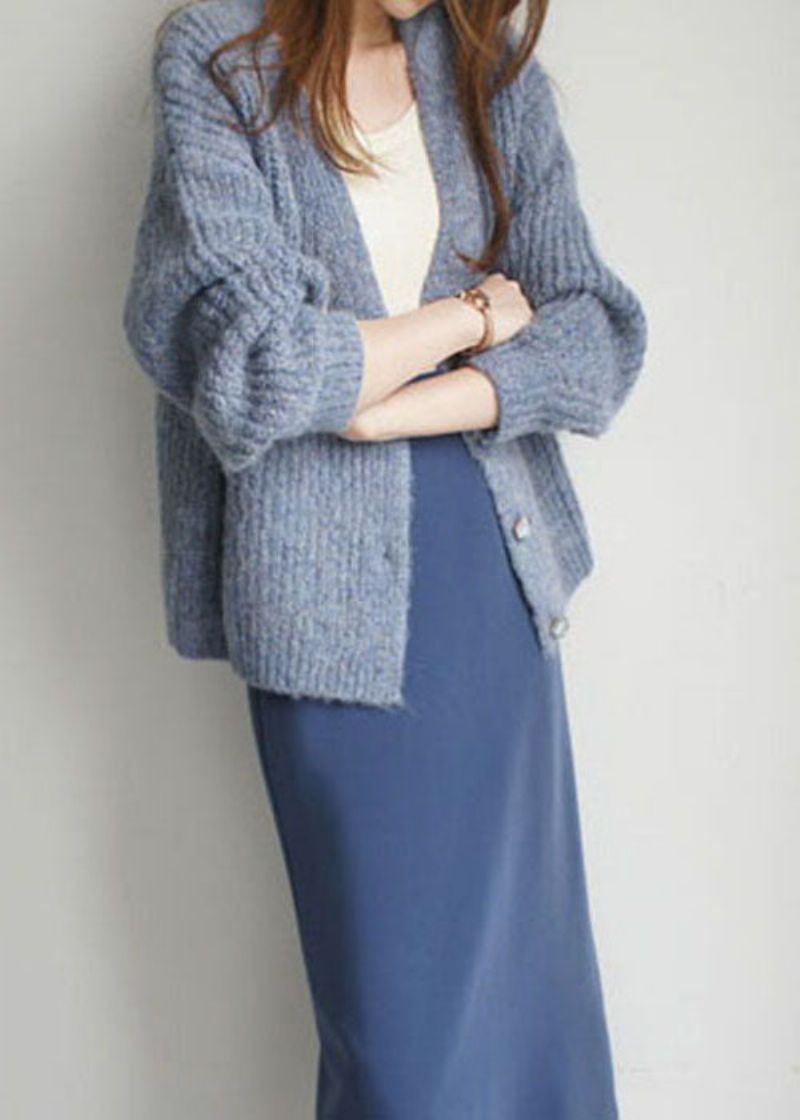 Plus Size Fijn Blauw Knoop Wollen Vest Winter - Dames cardigans