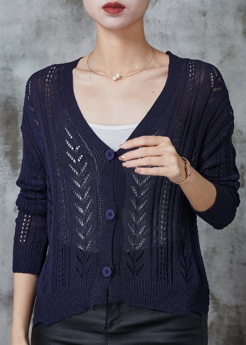 Prachtig Marineblauw Gebreid Vest Met Knopen Lente - Dames cardigans