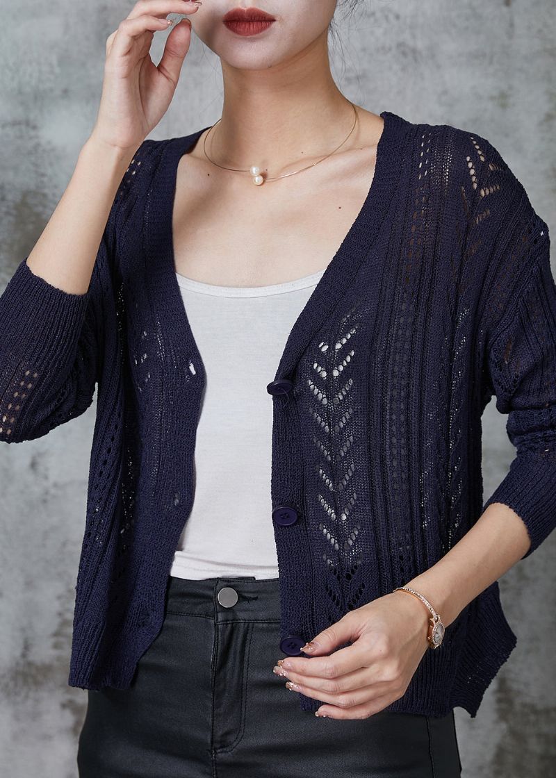 Prachtig Marineblauw Gebreid Vest Met Knopen Lente - Dames cardigans