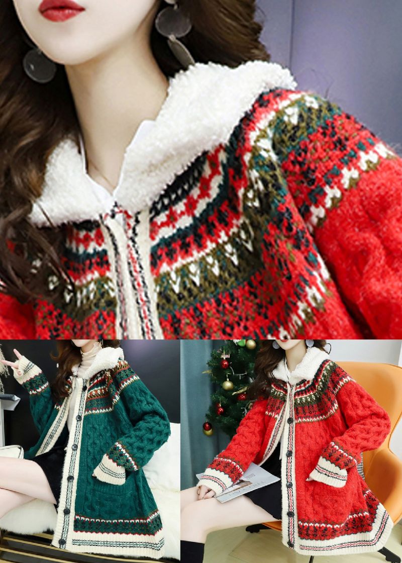 Rode Zakken Patchwork Gezellige Dikke Jas Peter Pan Kraag Winter - Dames cardigans