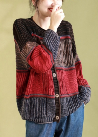 Rood Casual Patchwork Gebreid Vest O-hals Knop Lente