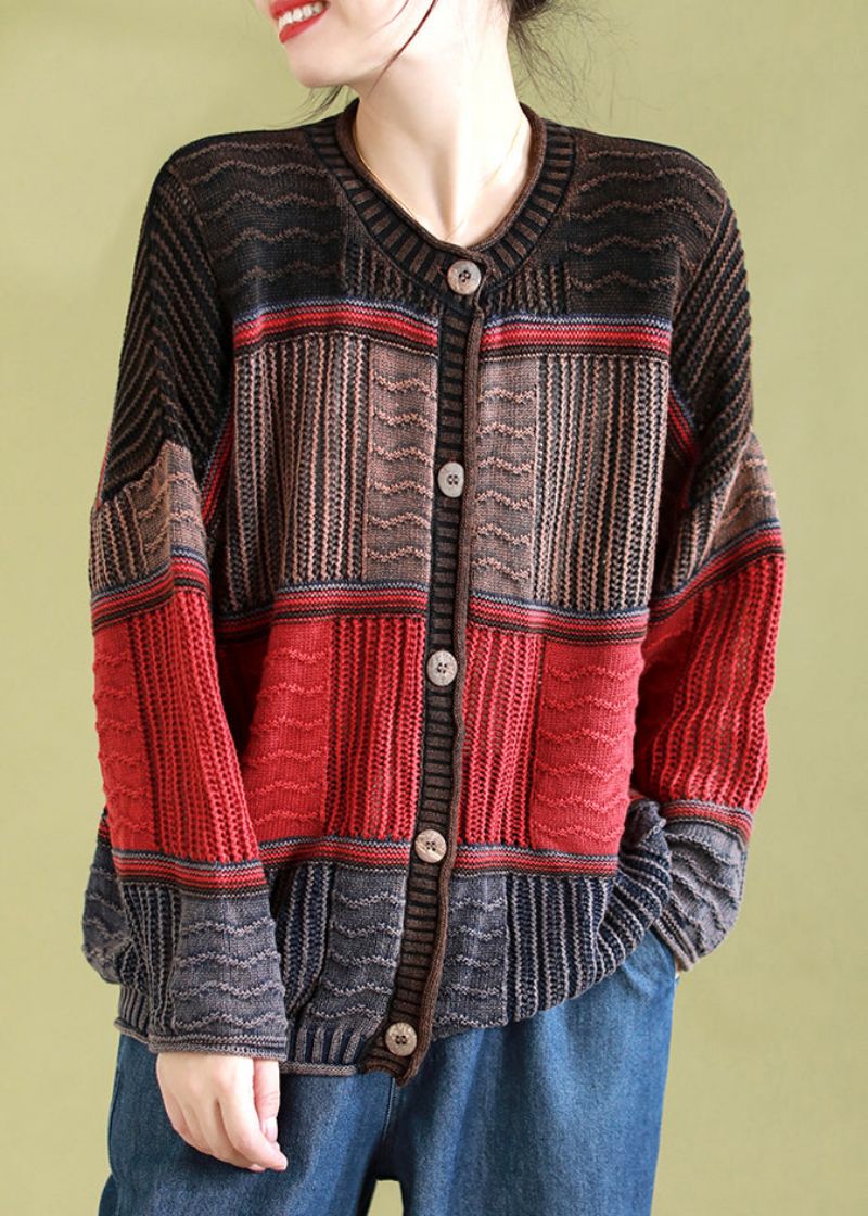 Rood Casual Patchwork Gebreid Vest O-hals Knop Lente - Dames cardigans