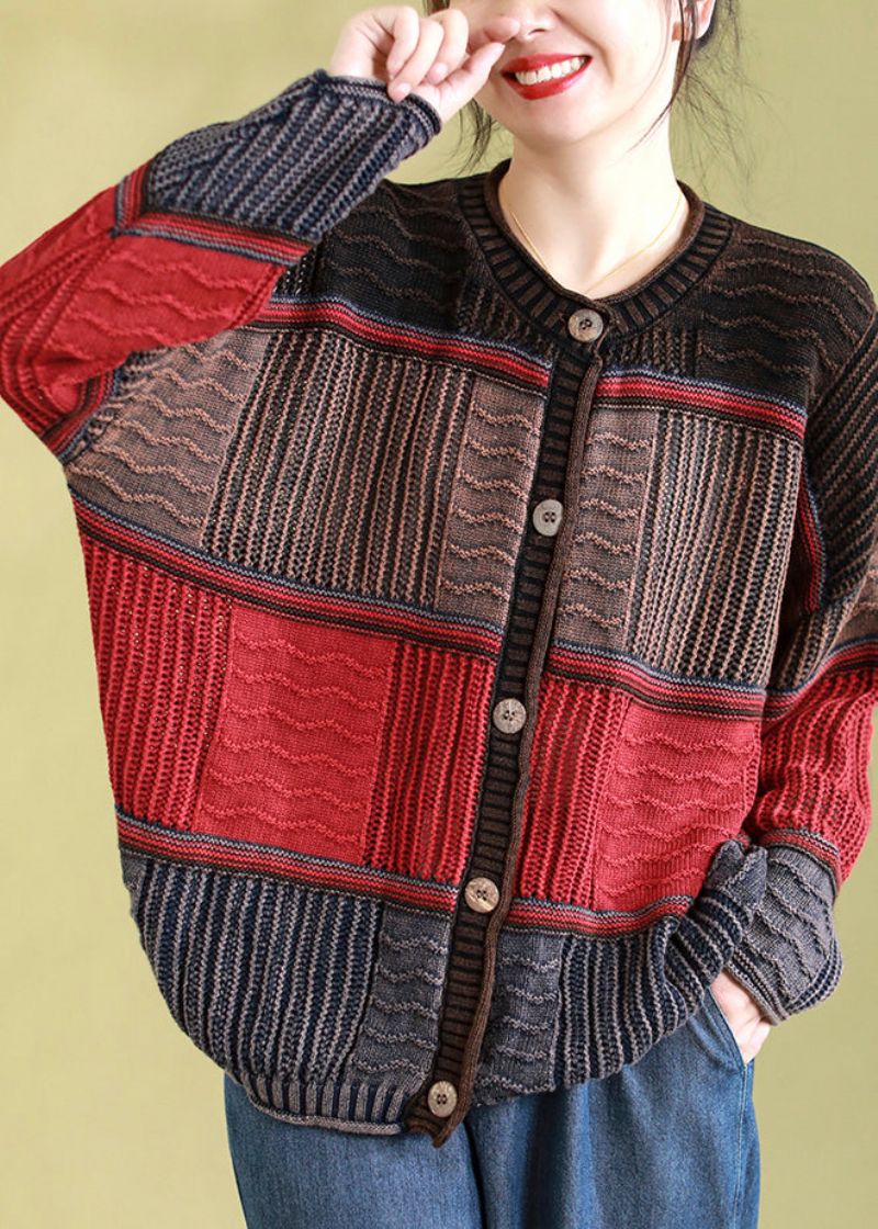 Rood Casual Patchwork Gebreid Vest O-hals Knop Lente - Dames cardigans