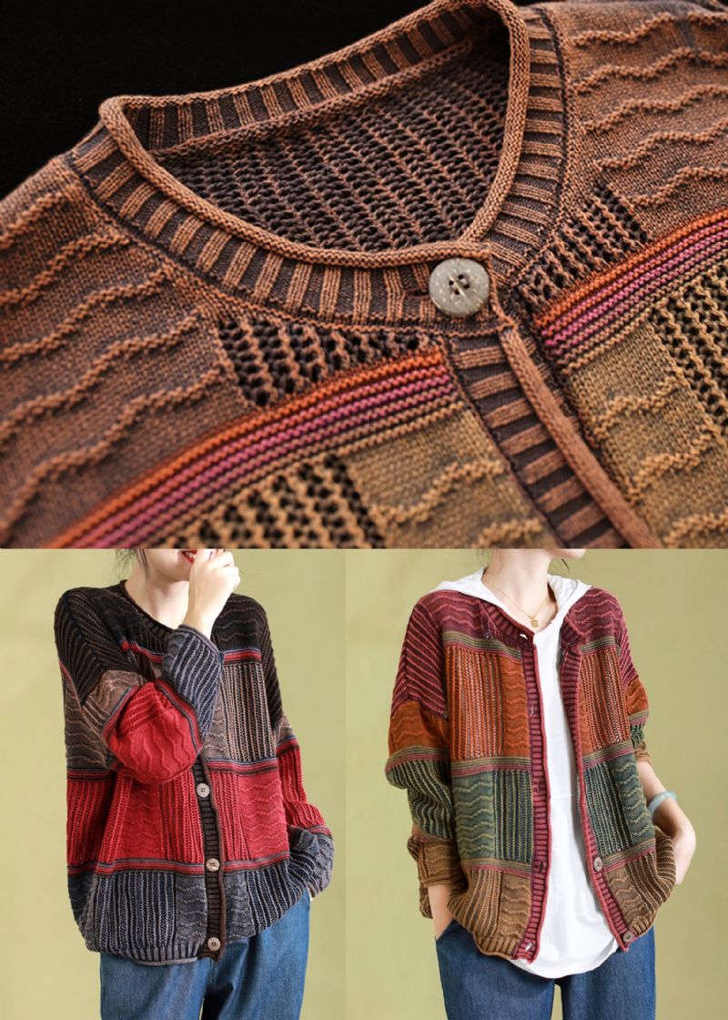 Rood Casual Patchwork Gebreid Vest O-hals Knop Lente - Dames cardigans