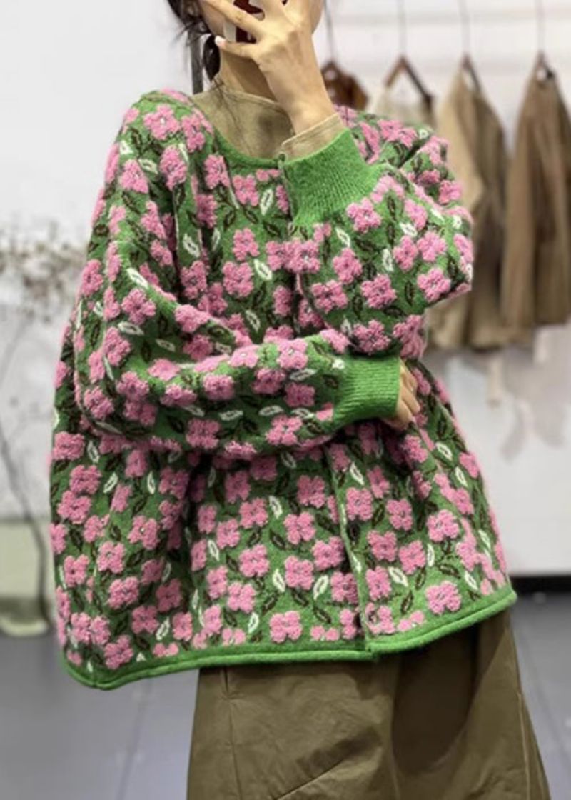 Roze Bloemen O-hals Knop Patchwork Katoen Gebreide Jassen Met Lange Mouwen - Dames cardigans