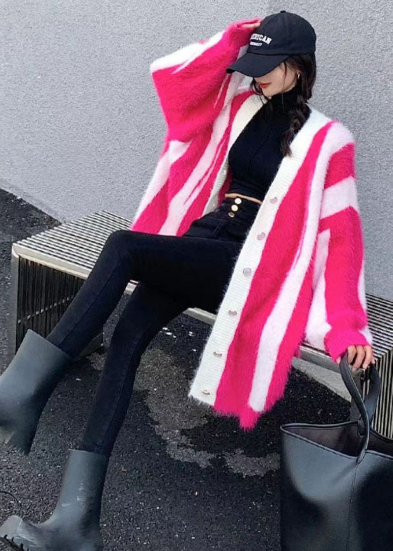 Roze Gestreepte Nertsenhaar Gebreide Losse Jas Met Oversized Vleermuismouw - Dames cardigans