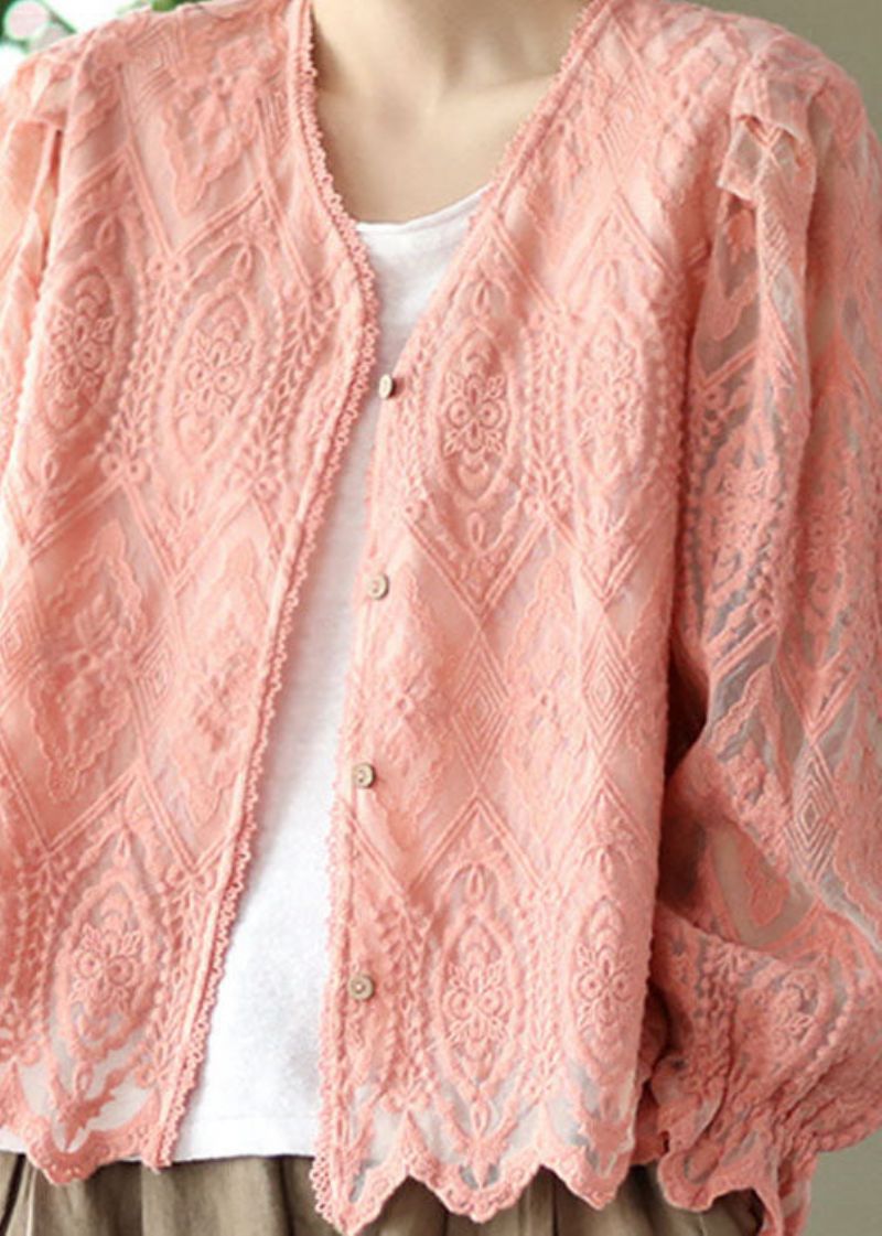 Roze Patchwork Kanten Vesten Met V-hals Uitlopende Mouw - Dames cardigans