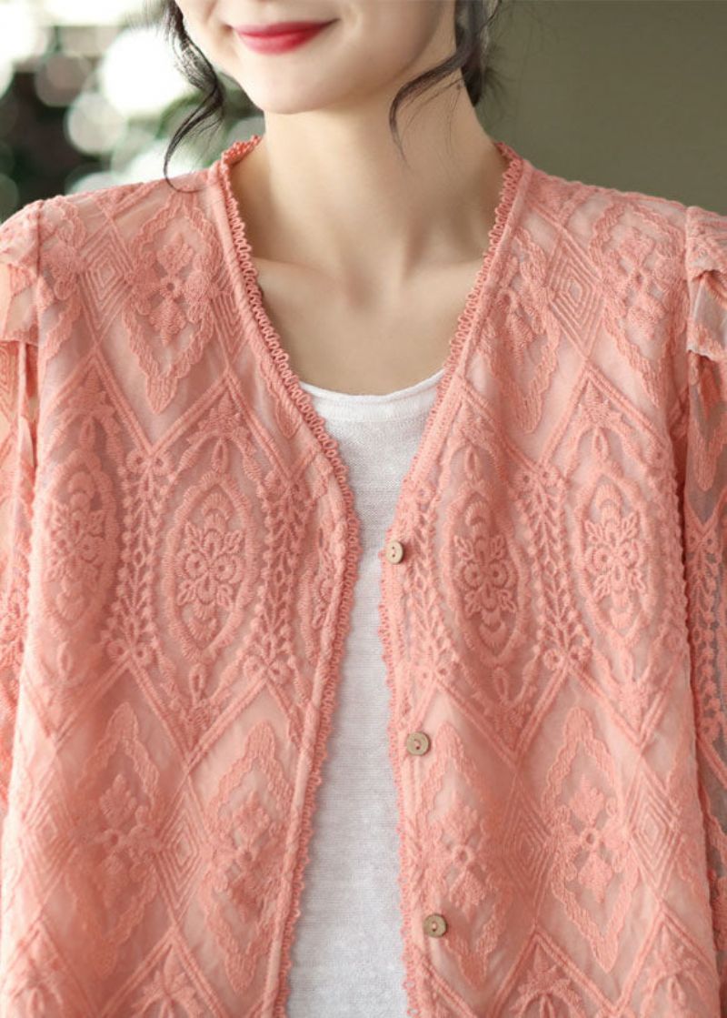 Roze Patchwork Kanten Vesten Met V-hals Uitlopende Mouw - Dames cardigans