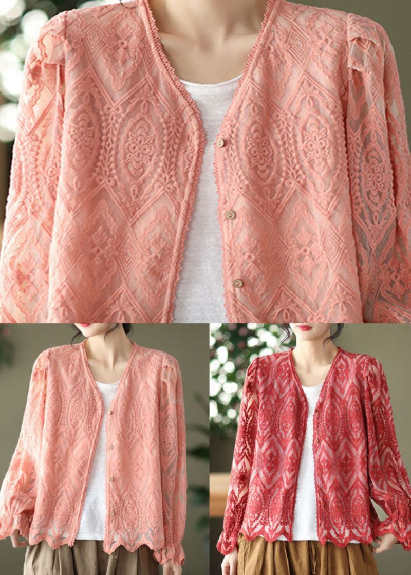 Roze Patchwork Kanten Vesten Met V-hals Uitlopende Mouw - Dames cardigans