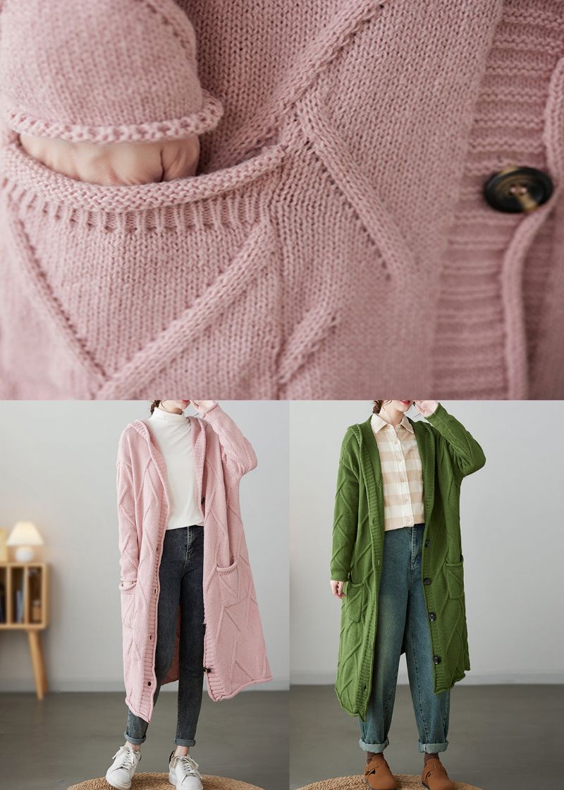 Roze Zakken Knoop Patchwork Los Gebreid Vest Met Capuchon Herfst - Dames cardigans