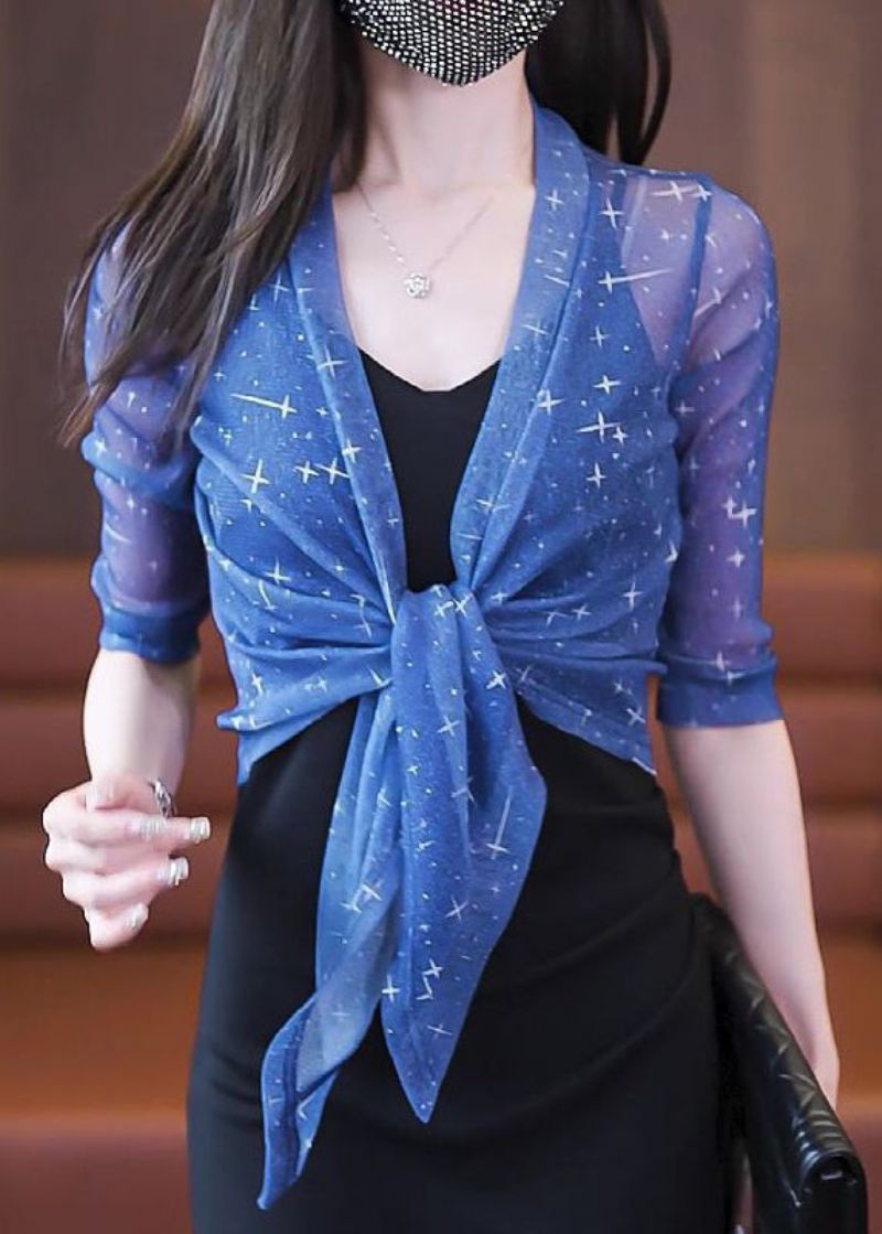 Slim Fit Blauw Vest Met V-hals En Veters Van Tule Zomer - Dames cardigans