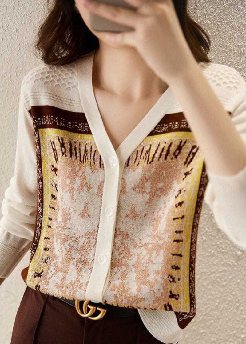 Stijl Beige V-hals Jacquard Gebreide Korte Vesten Met Lange Mouwen - Dames cardigans