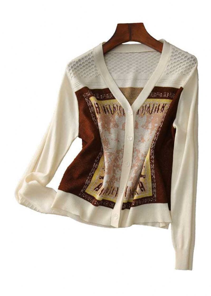 Stijl Beige V-hals Jacquard Gebreide Korte Vesten Met Lange Mouwen - Dames cardigans