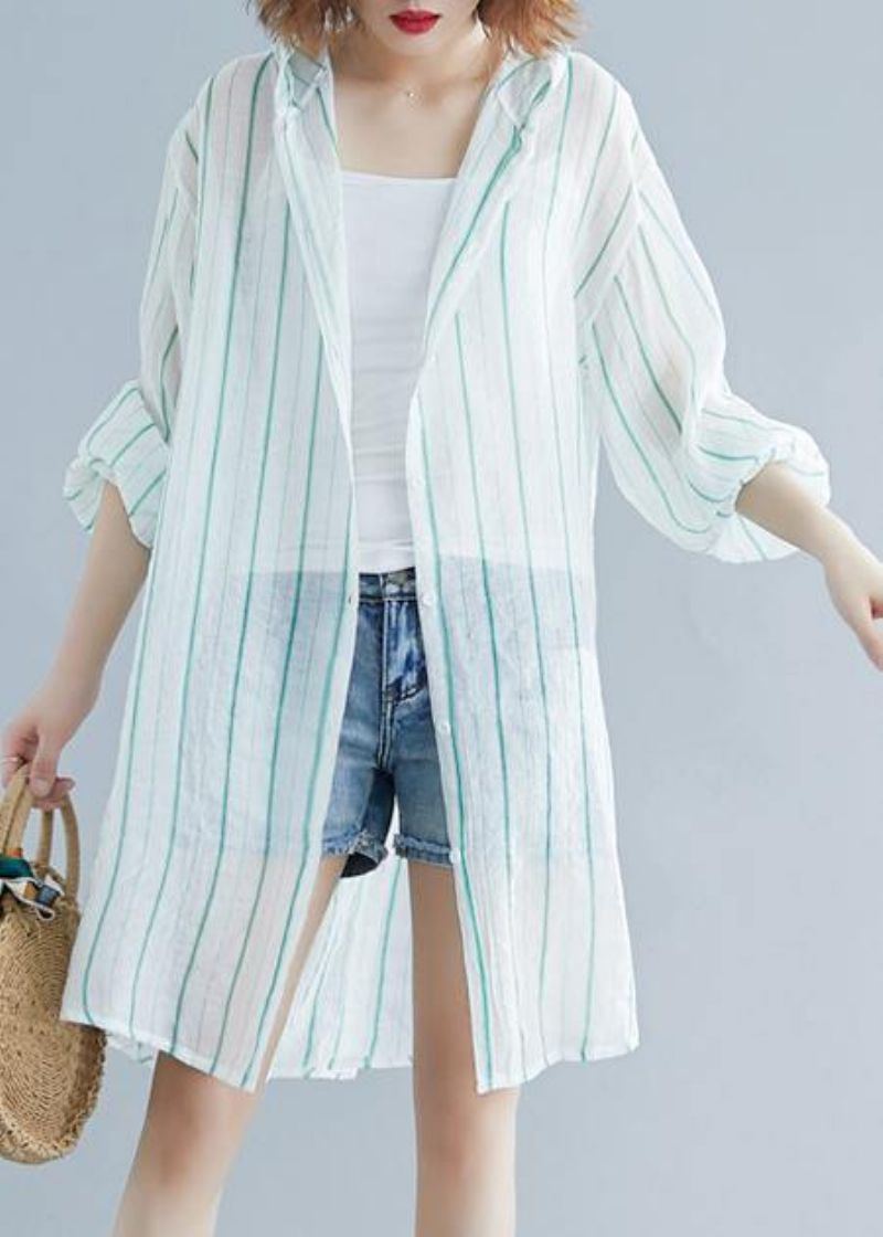 Stijl Chiffon Tuniek Met Capuchon Werk Groen Gestreepte Shirts Zomer - Groen