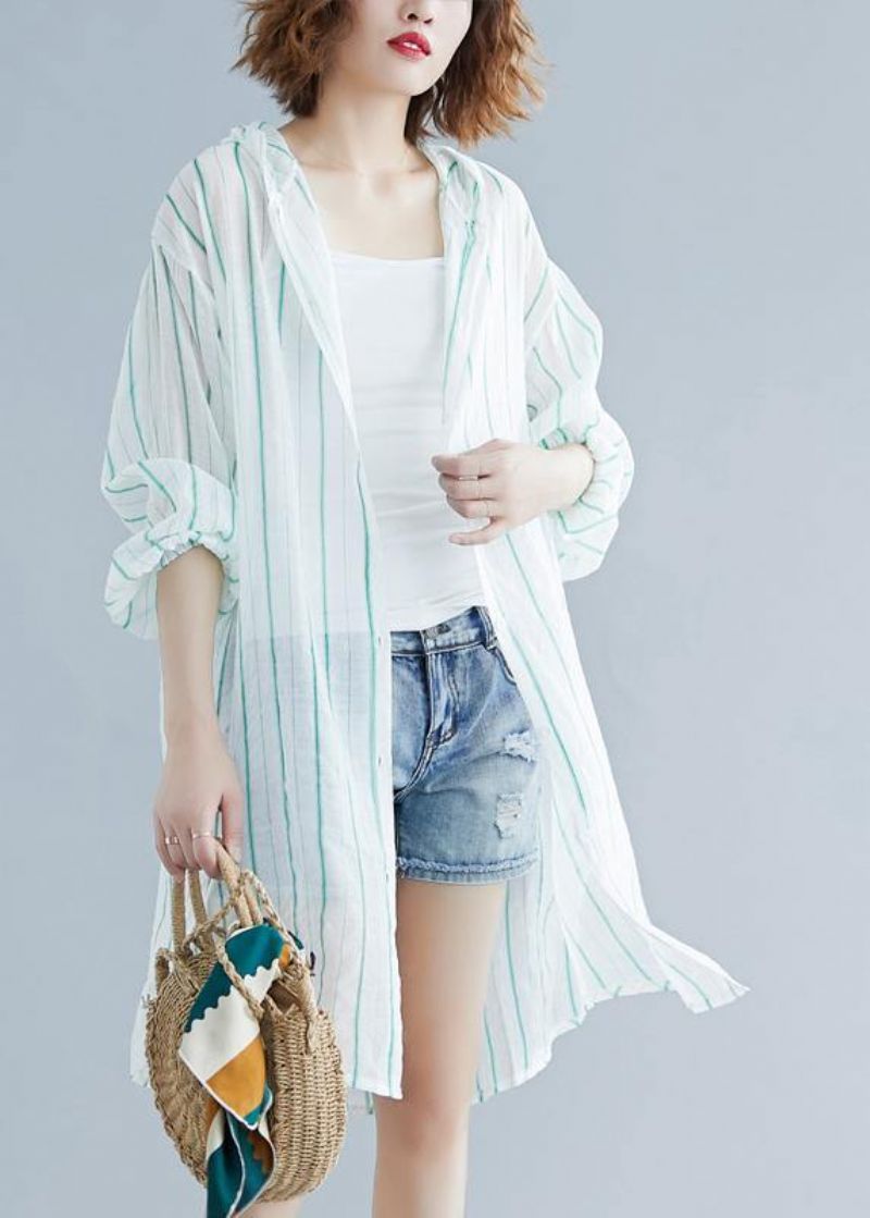 Stijl Chiffon Tuniek Met Capuchon Werk Groen Gestreepte Shirts Zomer - Groen