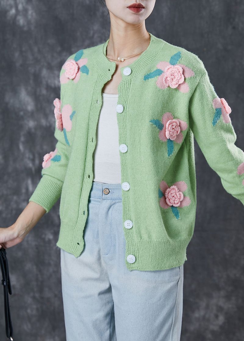 Stijl Groen Stereoscopisch Bloemen Gezellig Gebreid Vest Lente - Dames cardigans